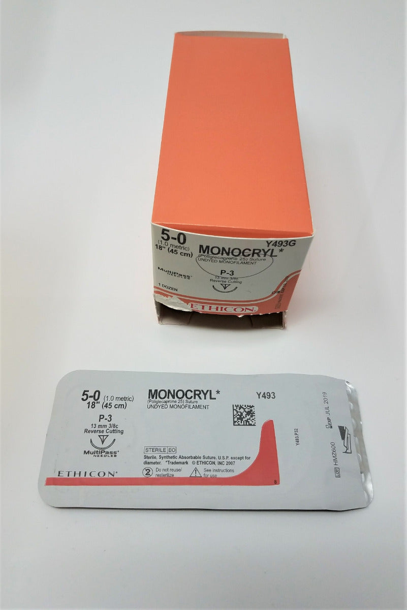 Ethicon Y493G Absorbable Suture Monocryl Reverse Cutting Undyed Mono Size 5-0