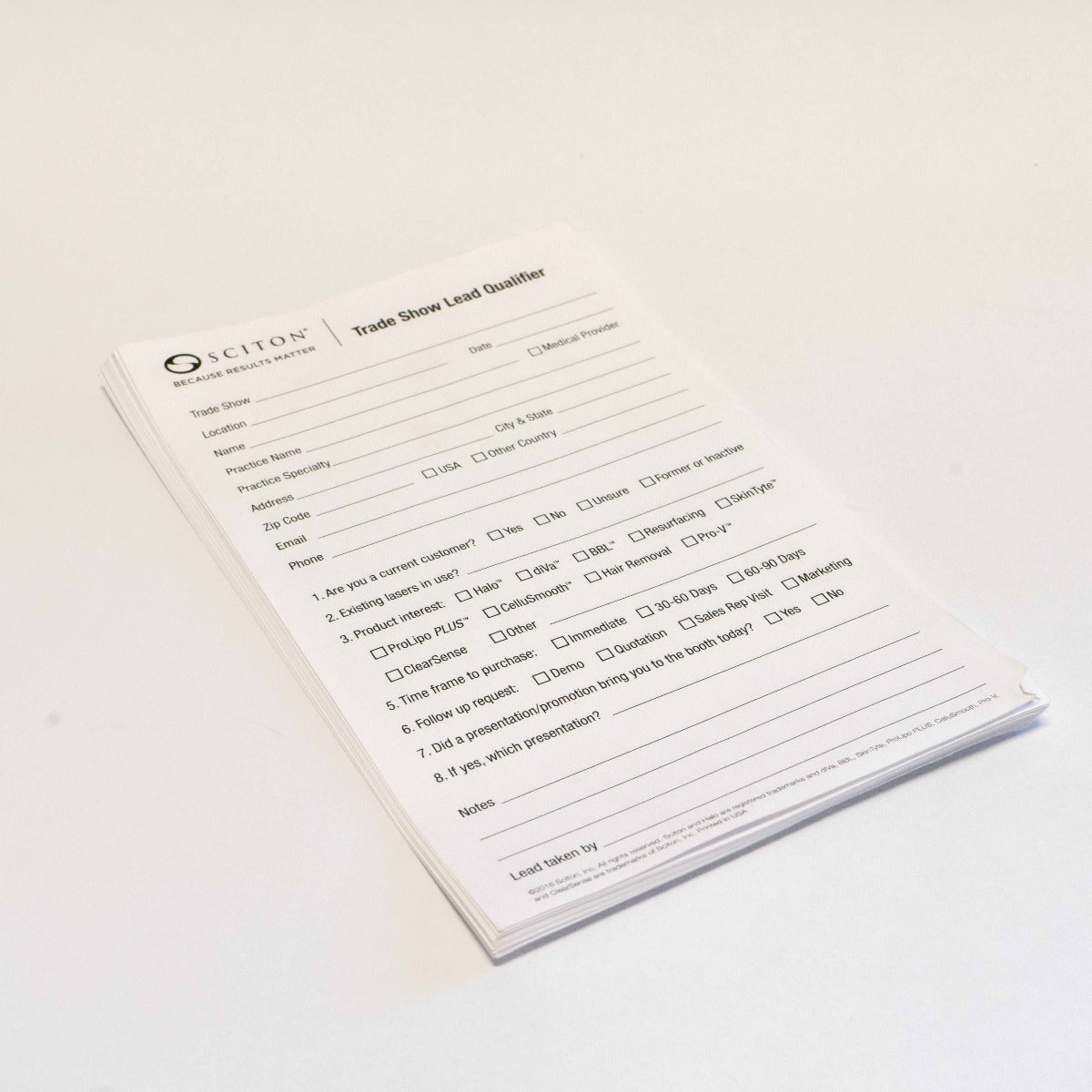 Sciton - Trade Show Lead Qualifier - Sales Information lead forms - Qty 25