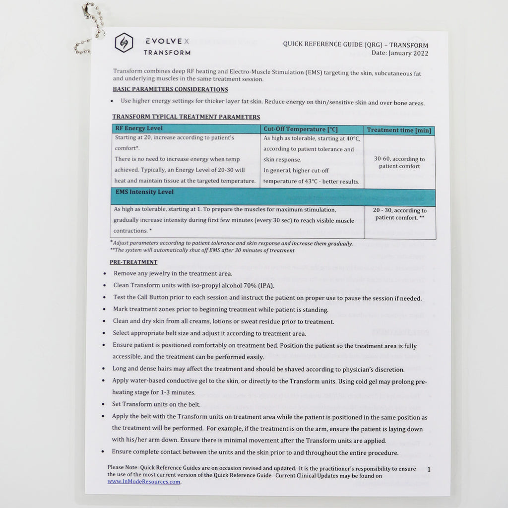 Inmode EvolveX Transform Laminated Quick Reference Guide QRC - January 2022