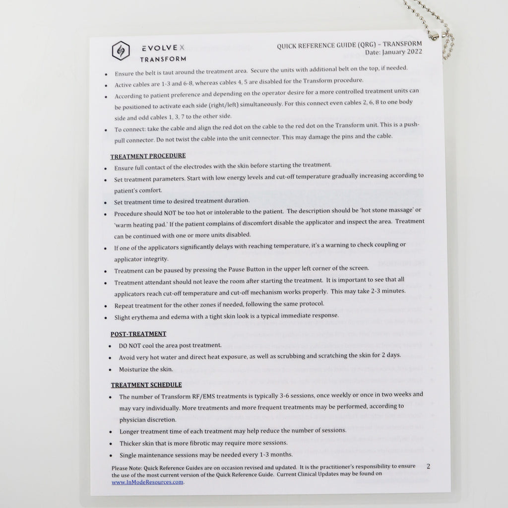 Inmode EvolveX Transform Laminated Quick Reference Guide QRC - January 2022