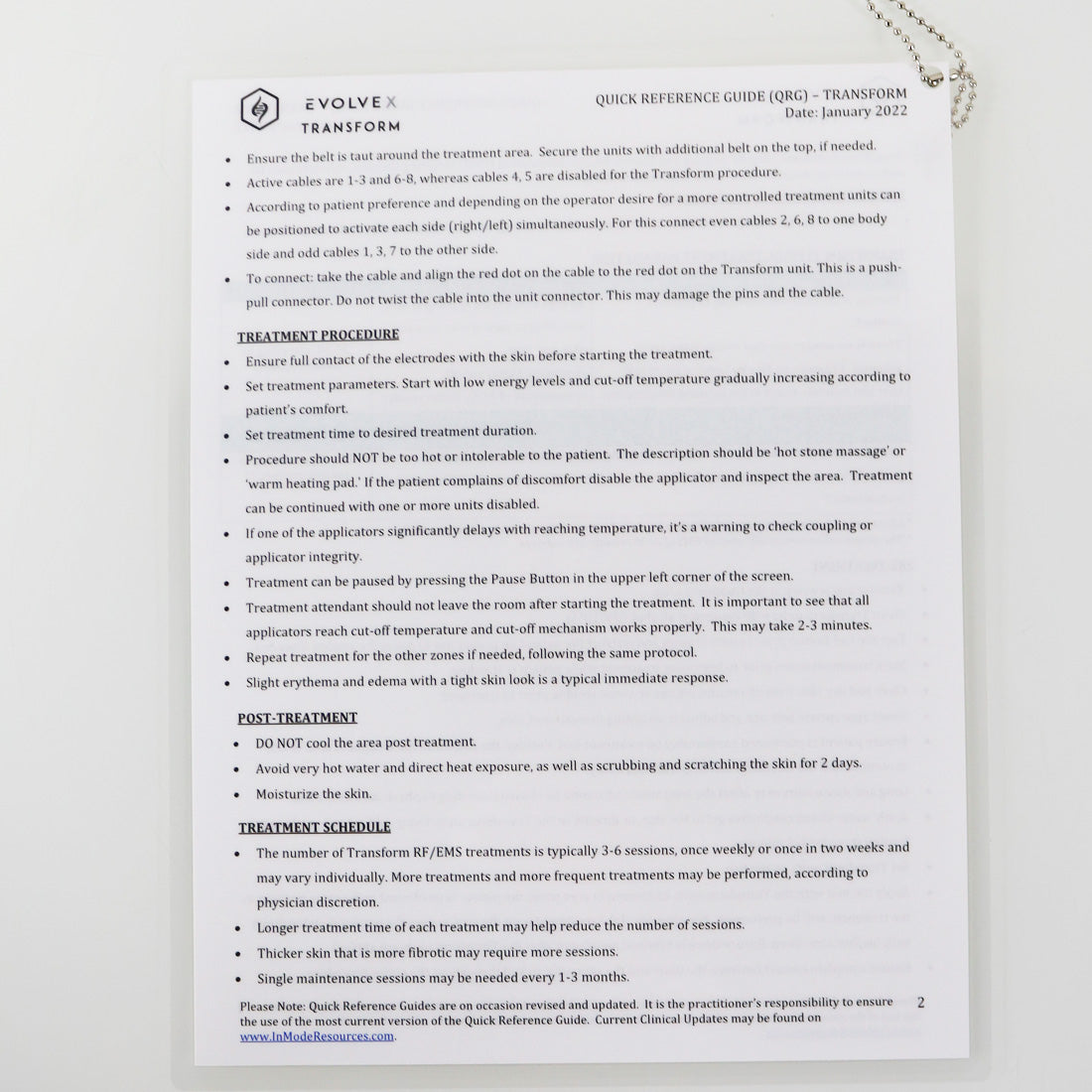 Inmode EvolveX Transform Laminated Quick Reference Guide QRC - January 2022
