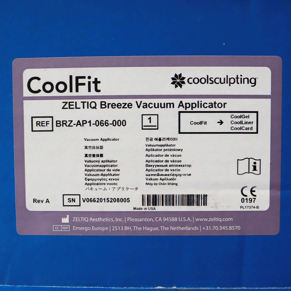 Zeltiq CoolFit Breeze Vacuum Applicator Handpiece BRZ-AP1-066-000