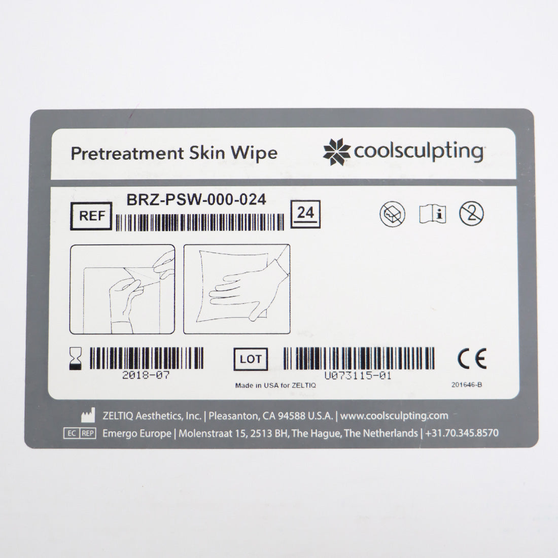 Zeltiq CoolSculpting Pretreatment Skin Wipe BRZ-PSW-000-024 x24 EXP 07/2018