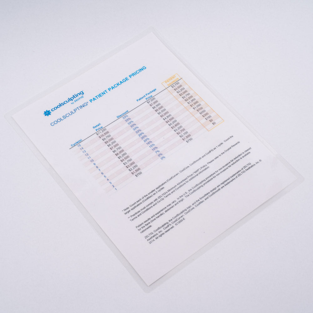 Zeltiq CoolSculpting Patient Package Pricing Laminated Sheet - PN: IC1250-E