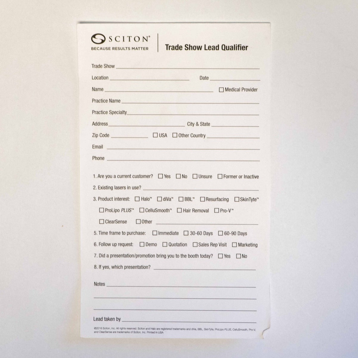 Sciton - Trade Show Lead Qualifier - Sales Information lead forms - Qty 25
