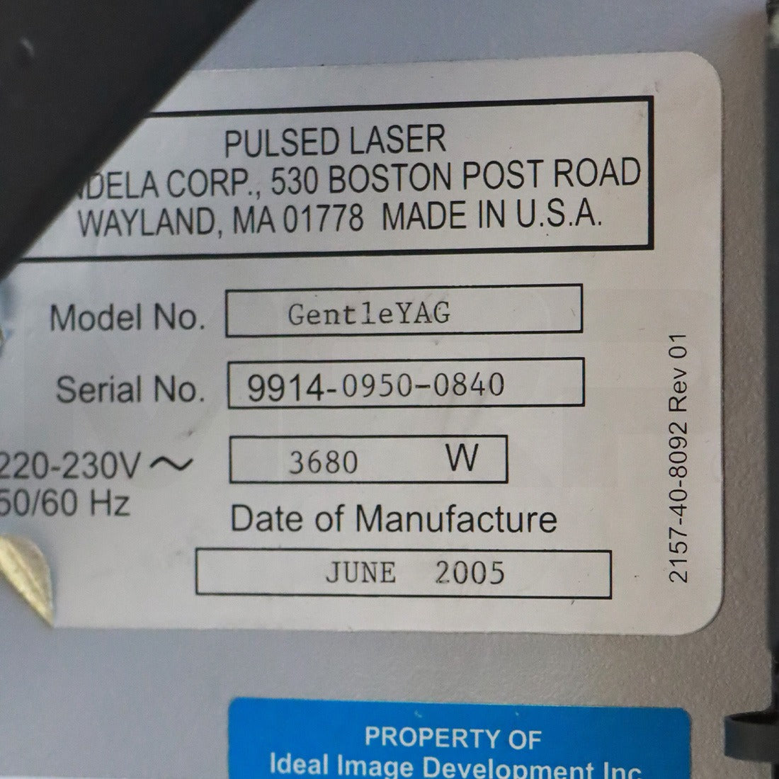 2005 Candela GentleYAG Nd:YAG Hair Reduction Vascular Lesions System
