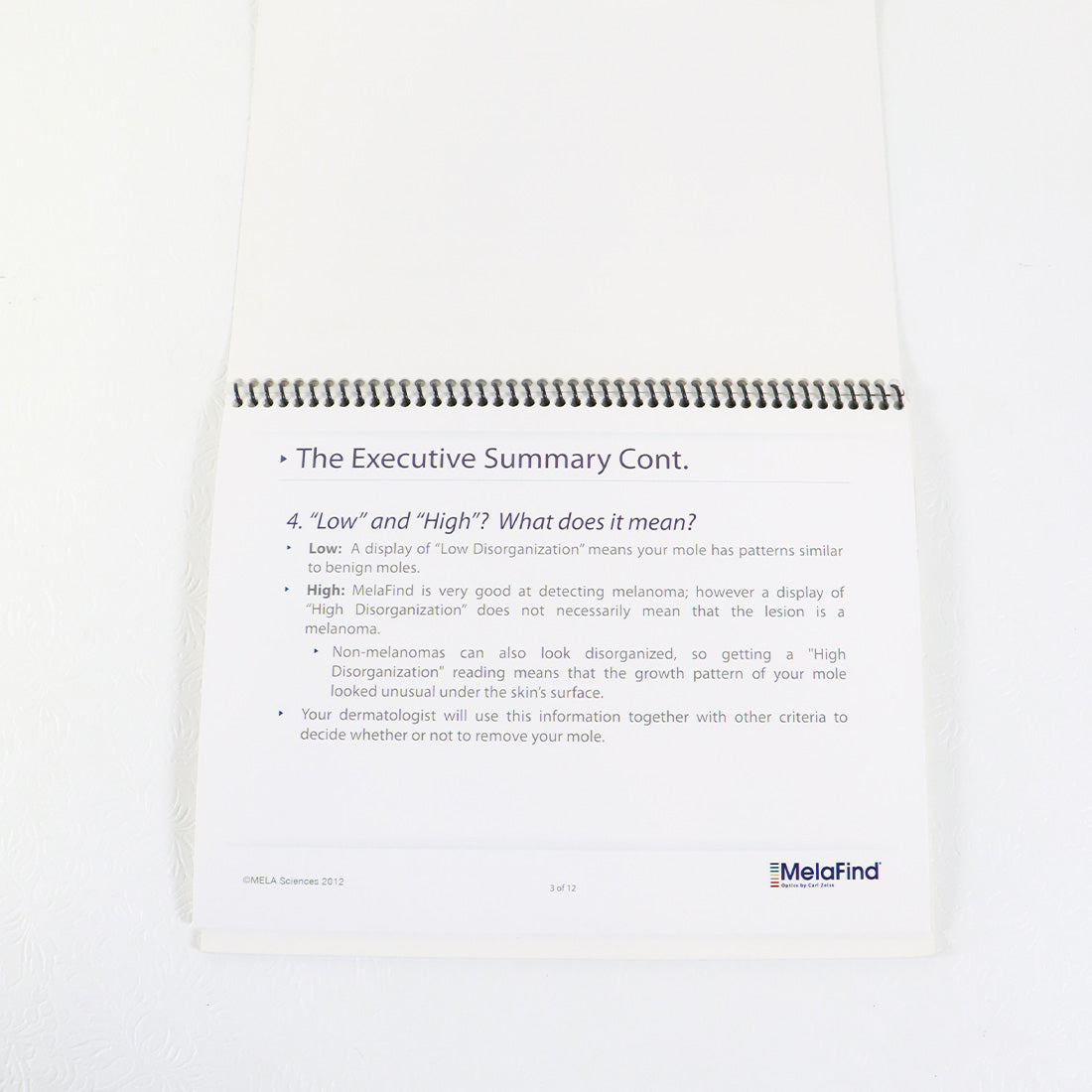 2012 MELA Sciences MelaFind Introduction Standing Marketing Book M100-BR-006