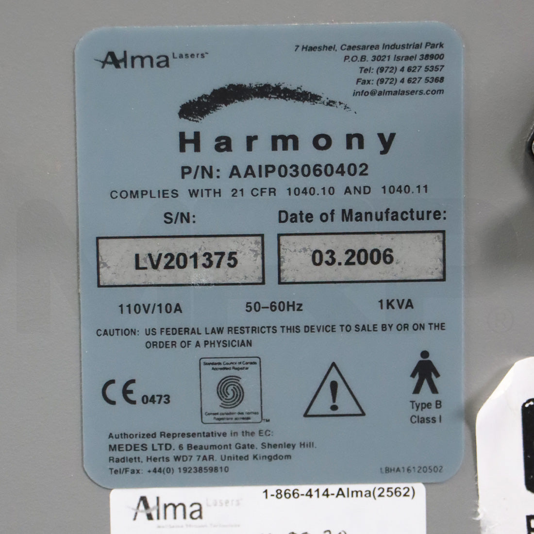 2006 Alma Harmony Skin Rejuvenation Tattoo Removal IPL System