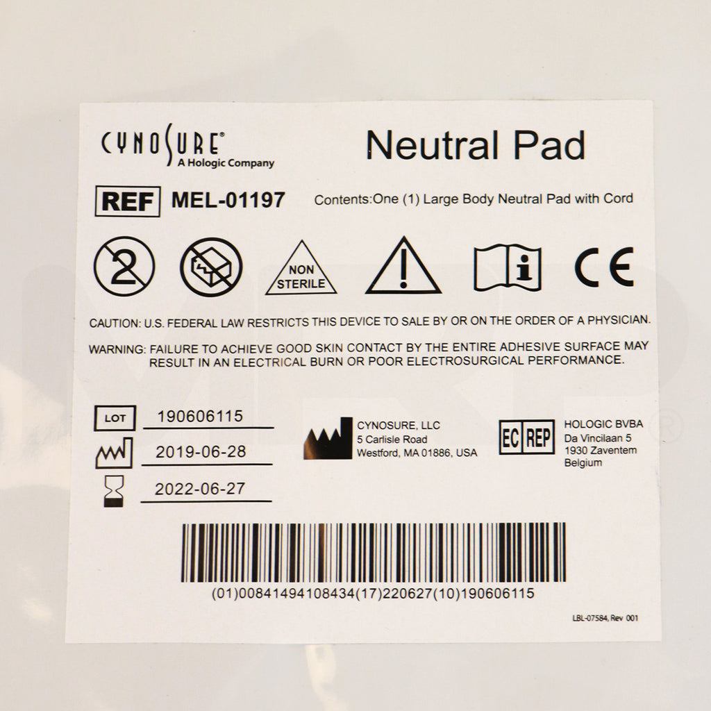 Cynosure RF Electrosurgical Large Body Neutral Pad with Cord MEL-01197, Single