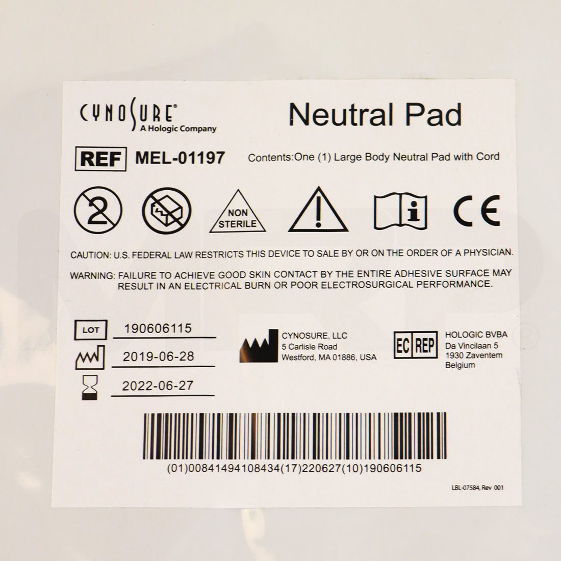 Cynosure RF Electrosurgical Large Body Neutral Pad with Cord MEL-01197, Single