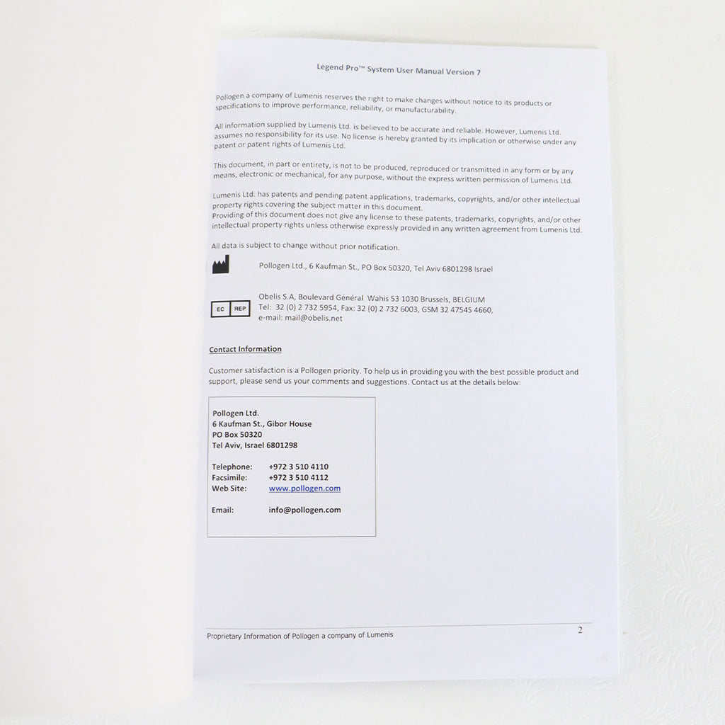 2019 Lumenis Legend Pro System User Manual Guide 11600510U