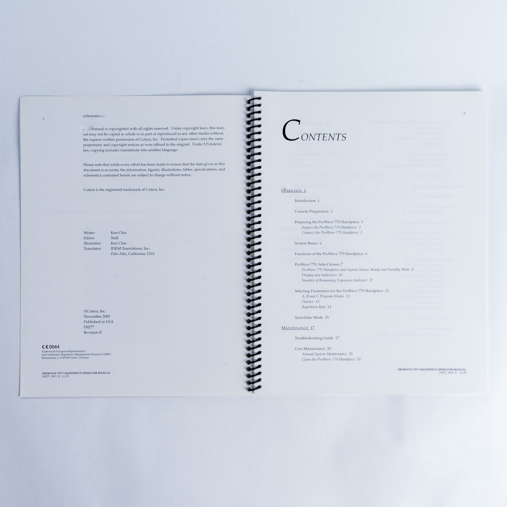 Cutera Prowave 770 Handpiece Treatment Guidelines Manual Booklet D0277