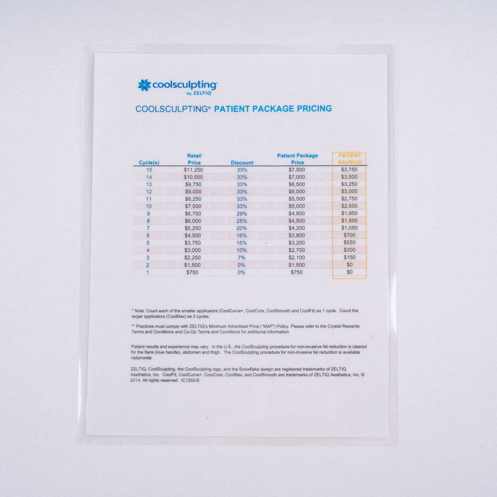 Zeltiq CoolSculpting Patient Package Pricing Laminated Sheet - PN: IC1250-E