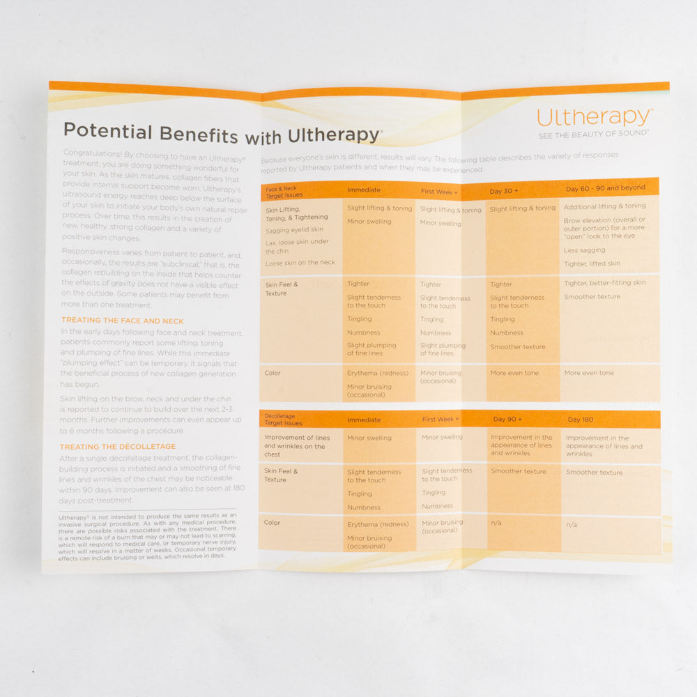 Ultherapy Ulthera - "What to Expect After Treatment" Patient Take home Brochure (Qty 123)