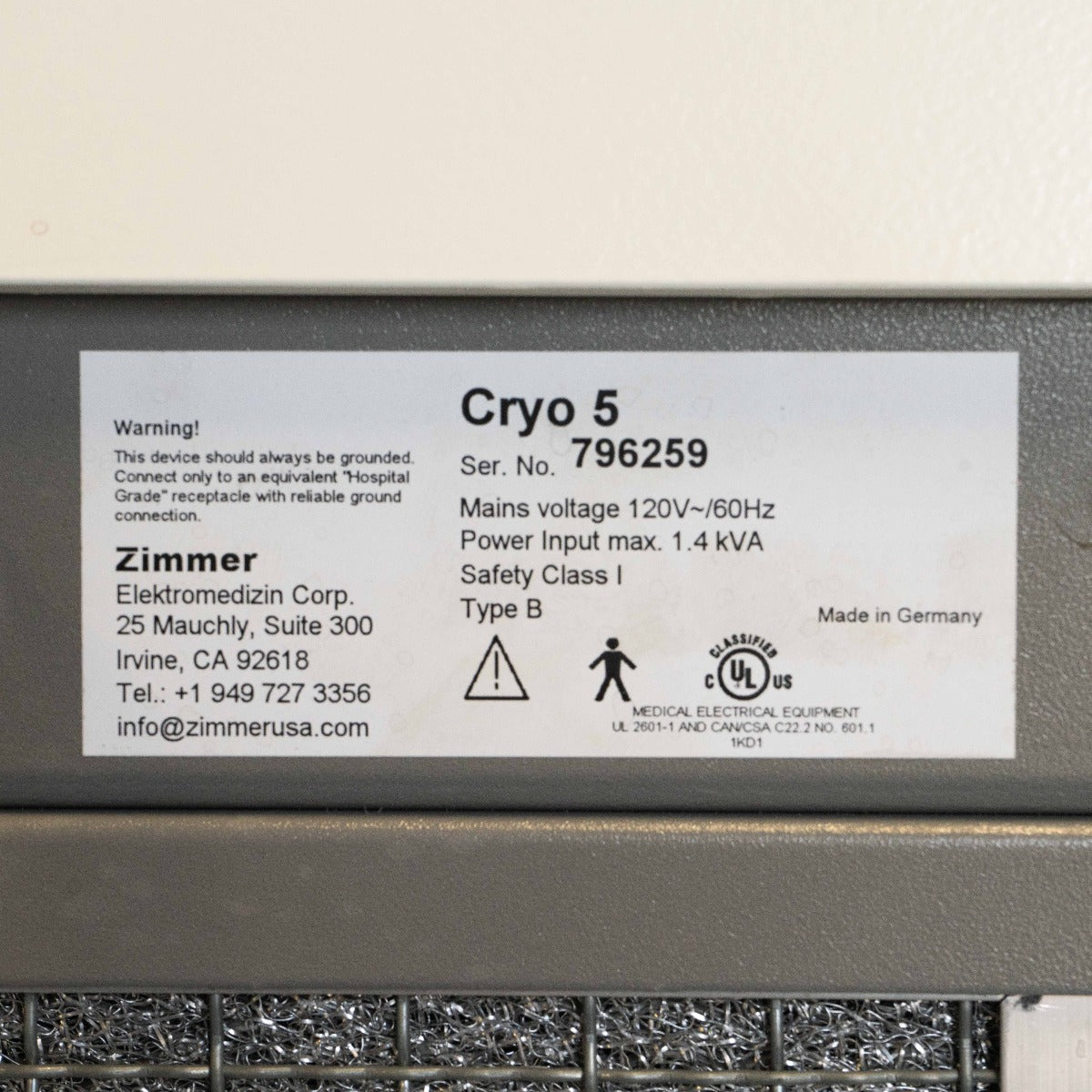 Zimmer Cryo5 CHILLER Skin Cooling Epidermal SmartCool Cryo 5 IPL Laser - Syneron