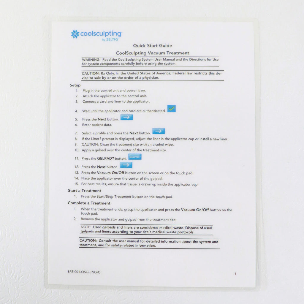 ZELTIQ CoolSculpt Quick Start Guide Cool Sculpt Treatments BRZ-001-QSG-ENG-C