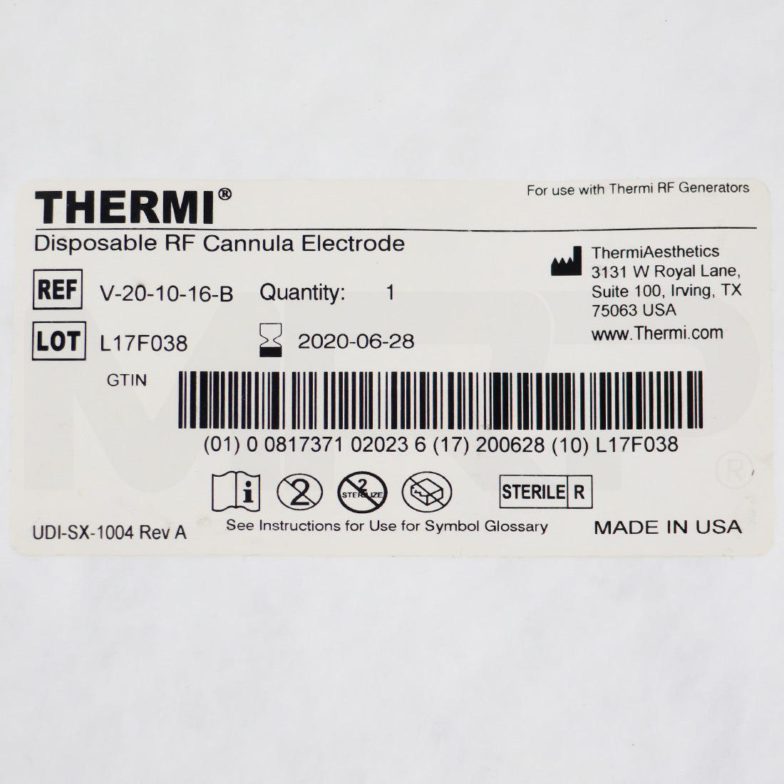 ThermiAesthetics Disposable RF Cannula Electrode V-20-10-16-B 3pk EXP 06/28/2020