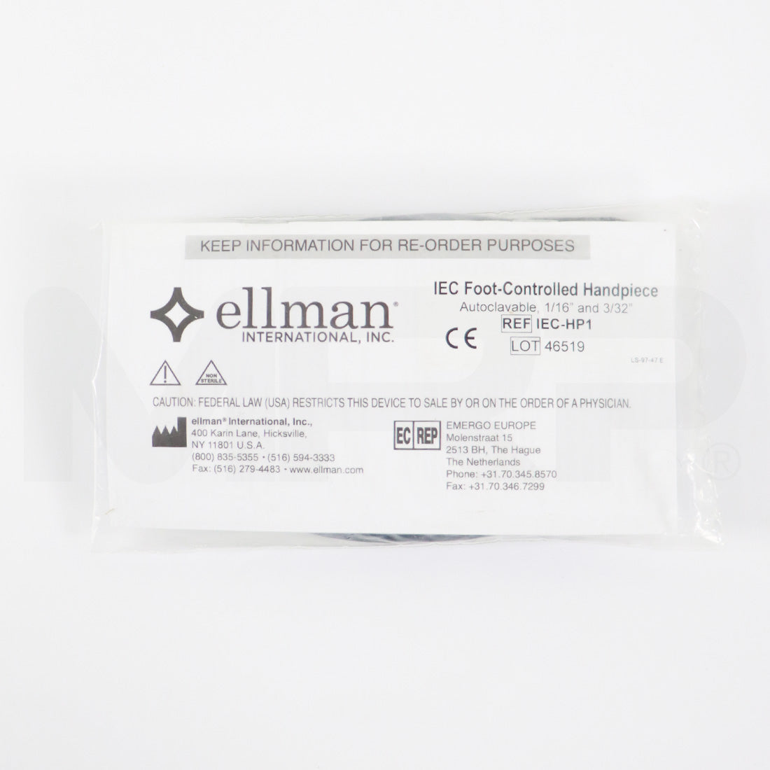 Cynosure Ellman RF Reusable IEC Foot Controlled Handpiece HP 1/16 3/32 IEC-HP1