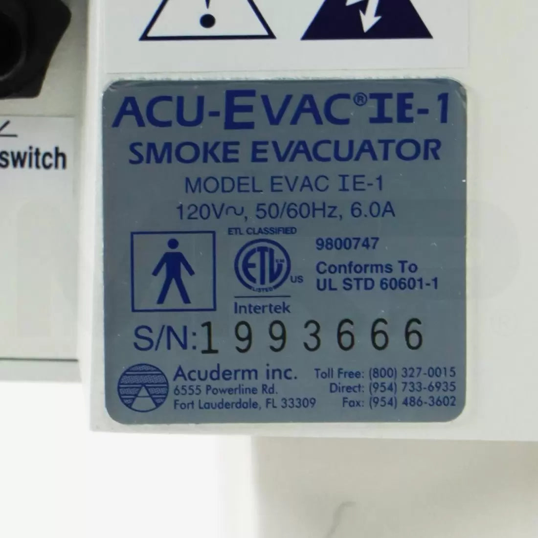 Acuderm Acu-Evac IE-1 Cart Mount Surgical Smoke Evacuator