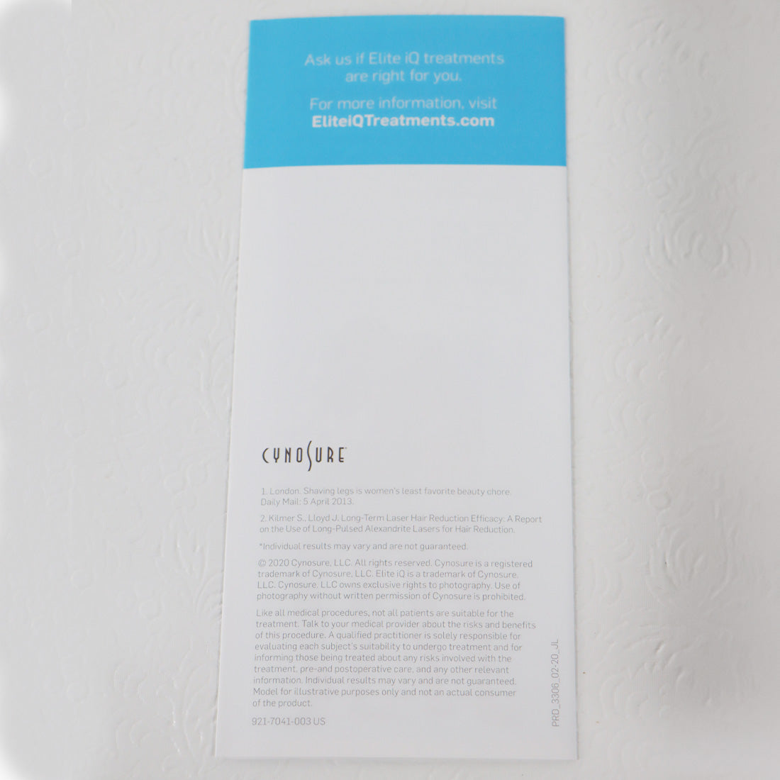 Cynosure Elite iQ Personalized Hair Removal Educational Info Brochure x100PC