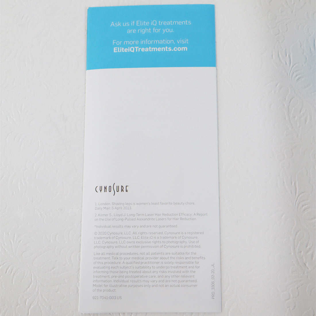 Cynosure Elite iQ Personalized Hair Removal Educational Info Brochure x90pc