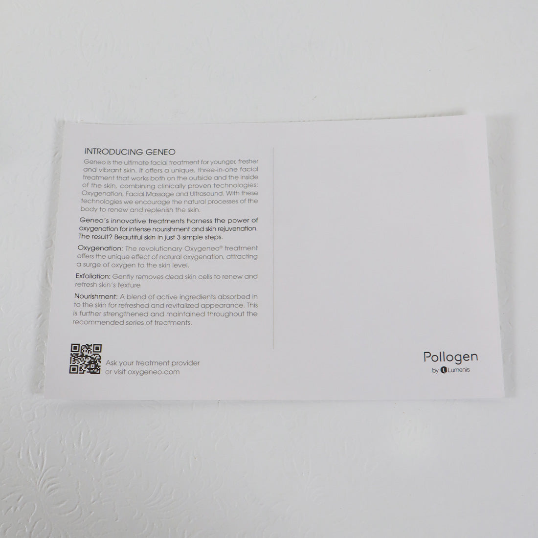 Geneo Pollogen by Lumenis Breathe In Shine Out Information Two-Sided Card x40