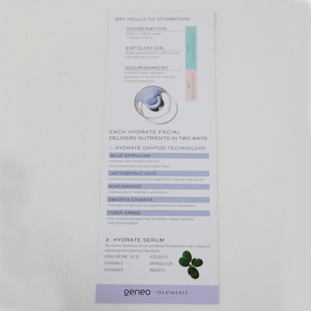 Geneo by Lumenis Hydrate Facial Geneo Treatment Information Two-Sided Card x25