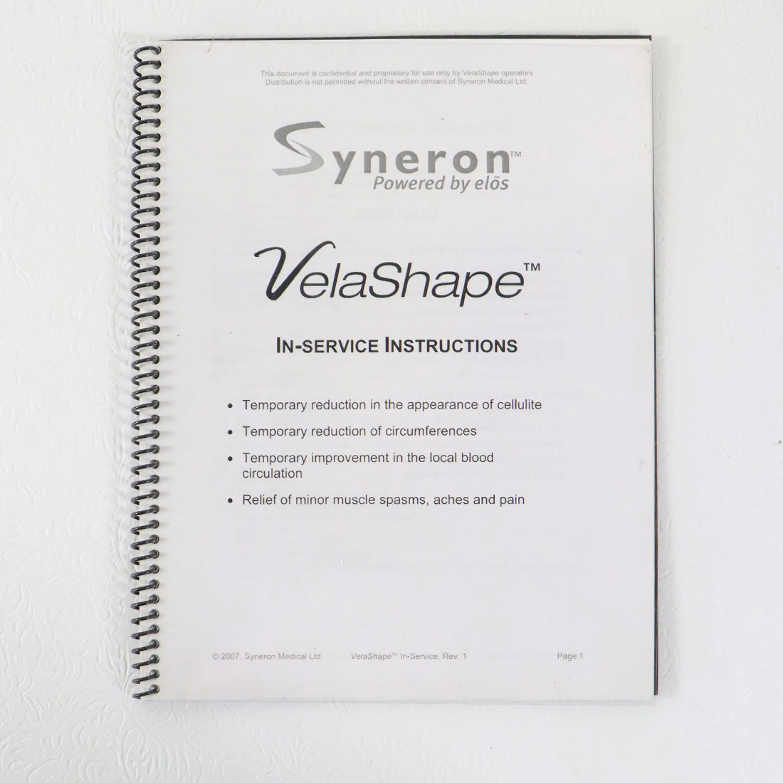 2007 Syneron Medical VelaShape In-Service Instructions Guide Manual Rev.1