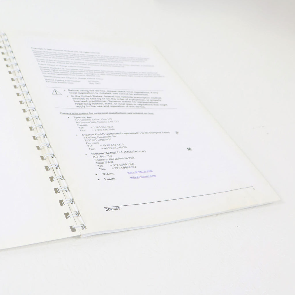 2007 Syneron VelaSmooth User Manual Guide Spiral Bound DC20298
