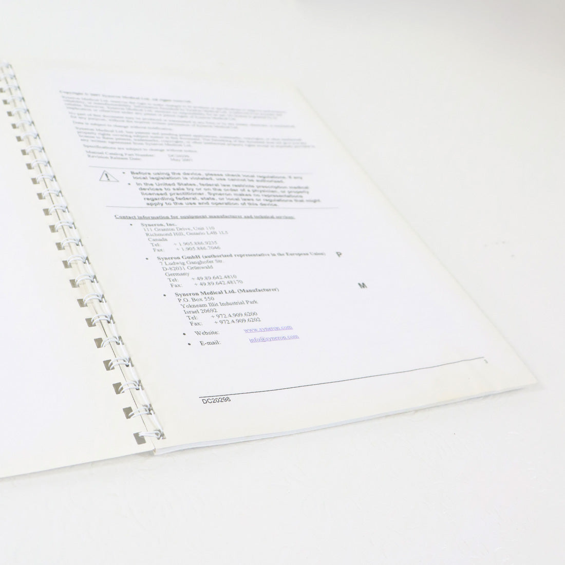 2007 Syneron VelaSmooth User Manual Guide Spiral Bound DC20298