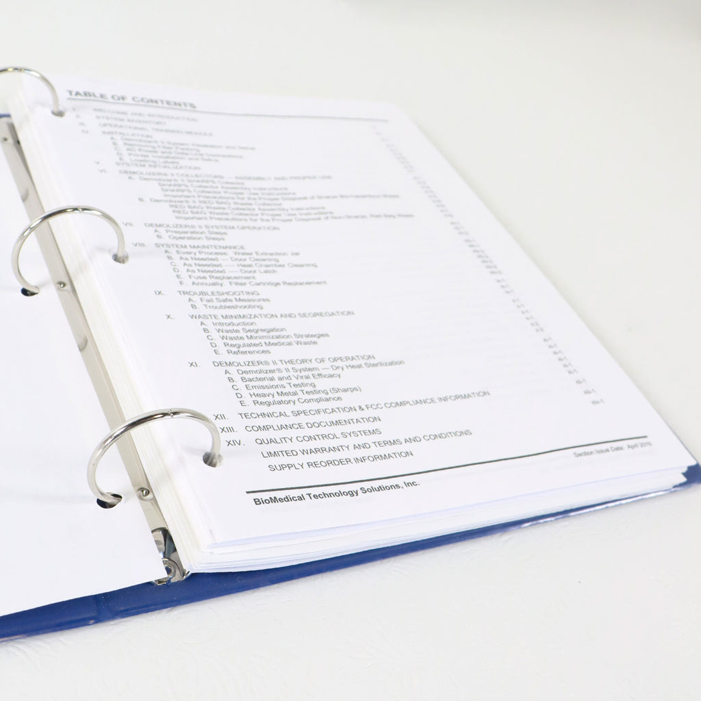 BioMedical Technology Solutions Demolizer II Operator's Manual Process Log Book