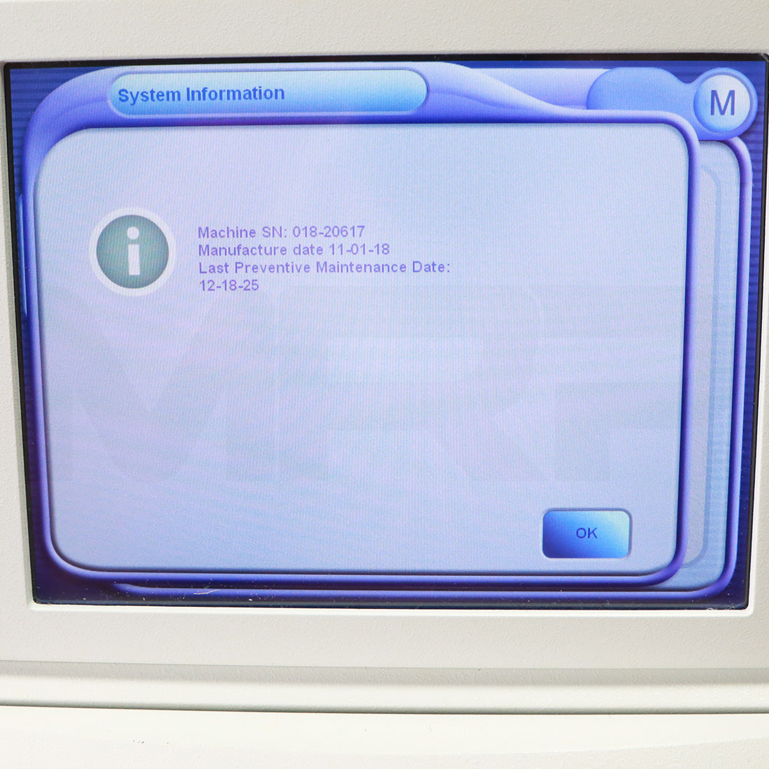 2018 Lumenis M22 System Information Screen