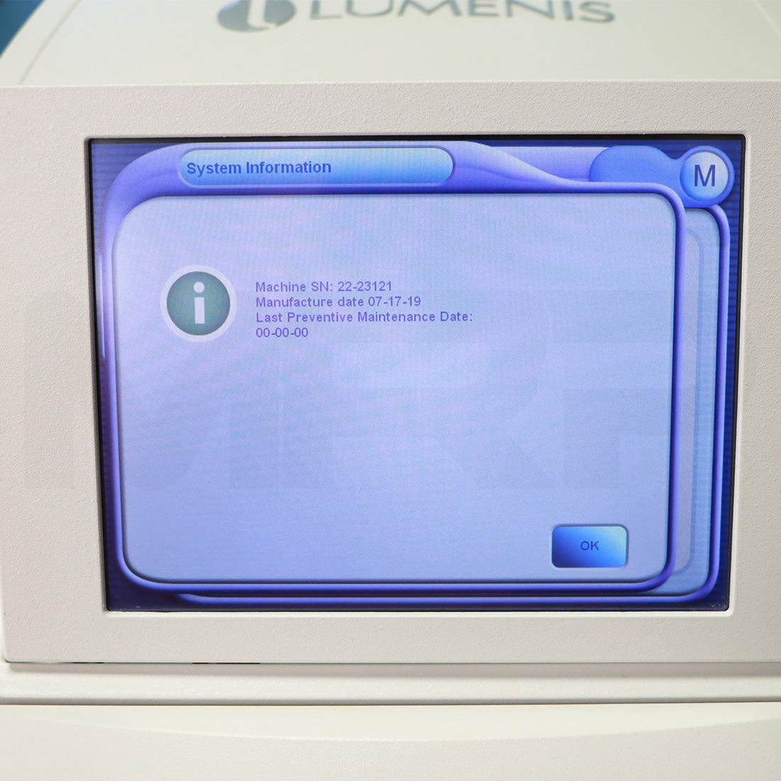 2019 Lumenis M22 System Information Screen