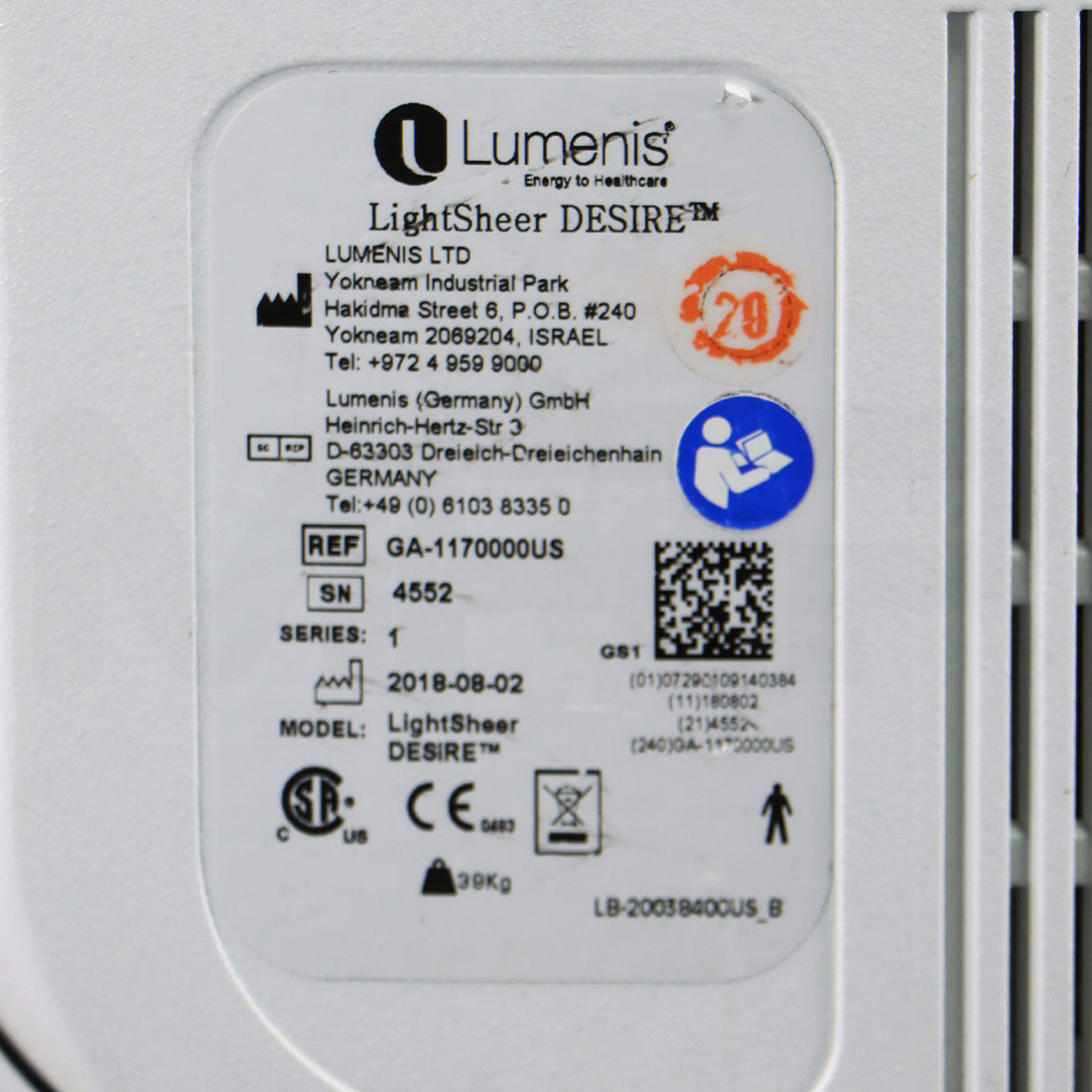 2018 Lumenis LightSheer Desire Diode System Serial