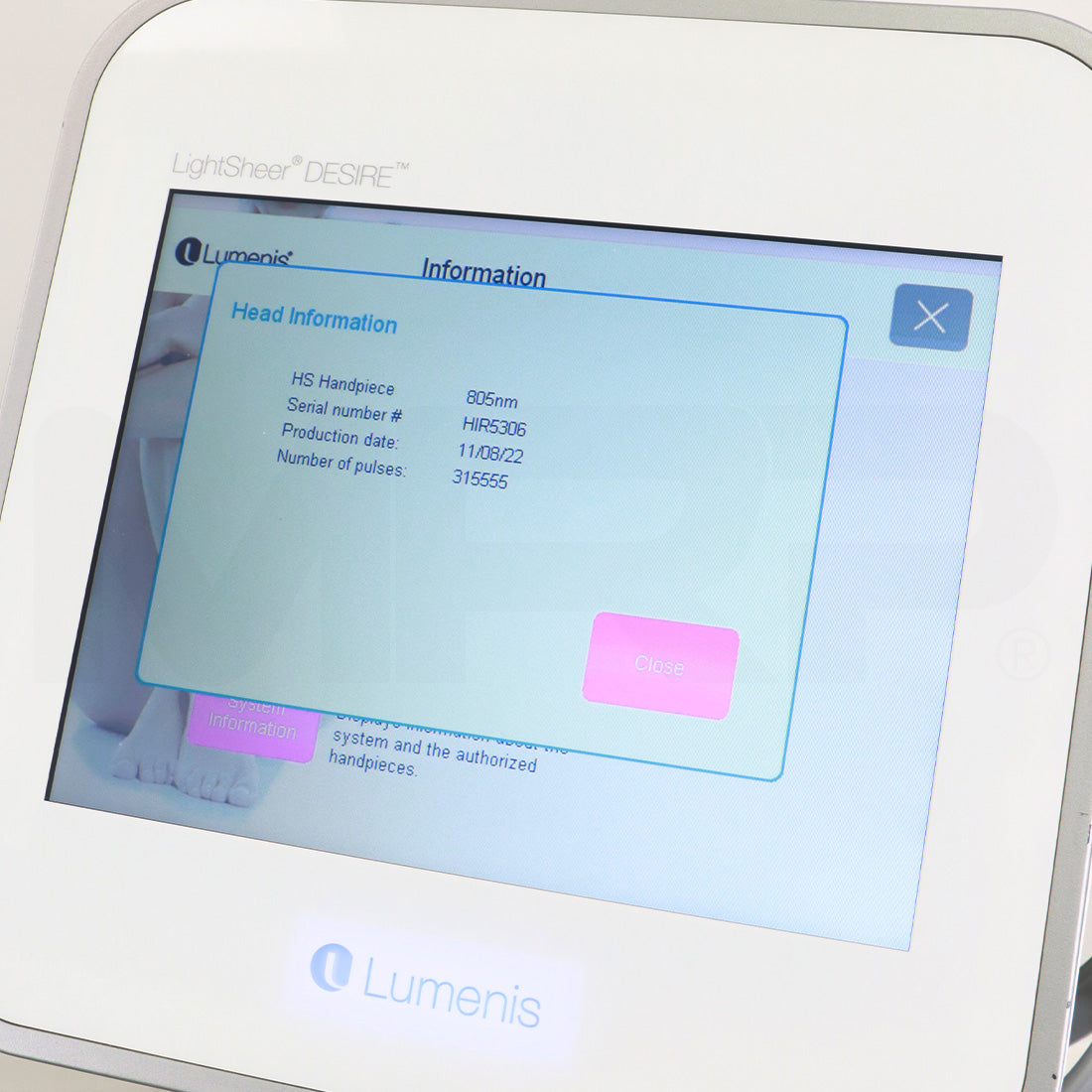 2018 Lumenis LightSheer Desire Diode System HS 805nm Handpiece Screen
