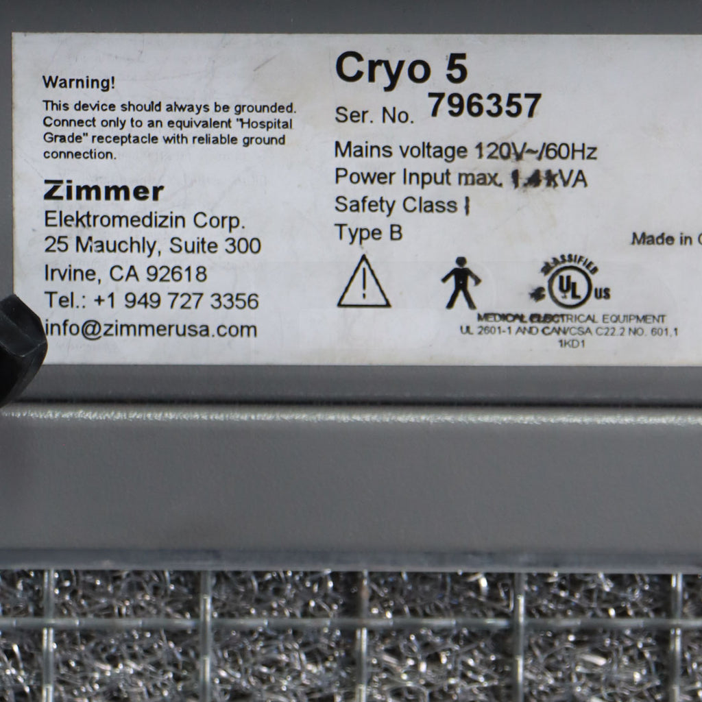 Zimmer Cryo 5 Skin Treatment Patient Therapy Air Chiller System