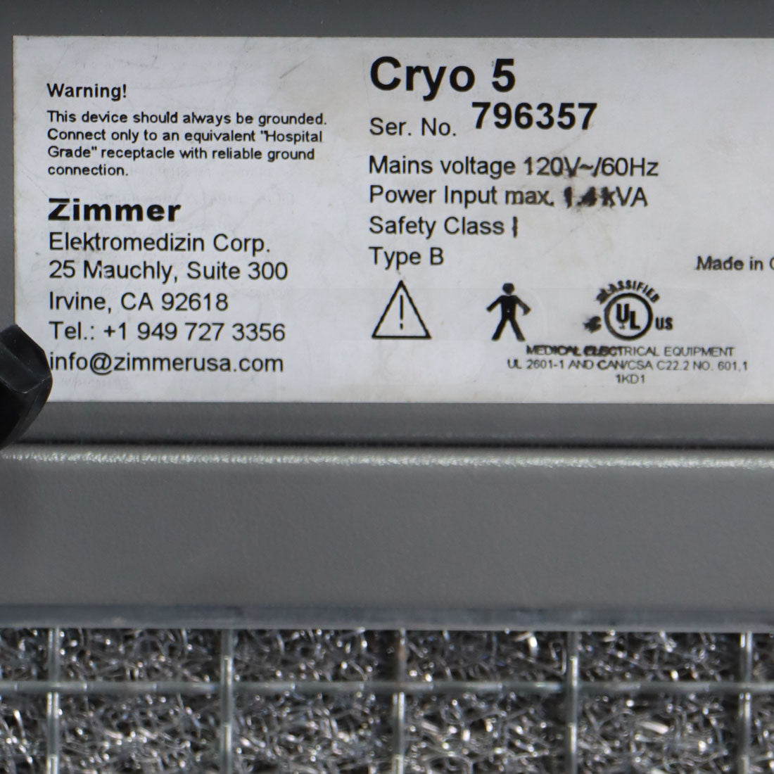 Zimmer Cryo 5 Skin Treatment Patient Therapy Air Chiller System