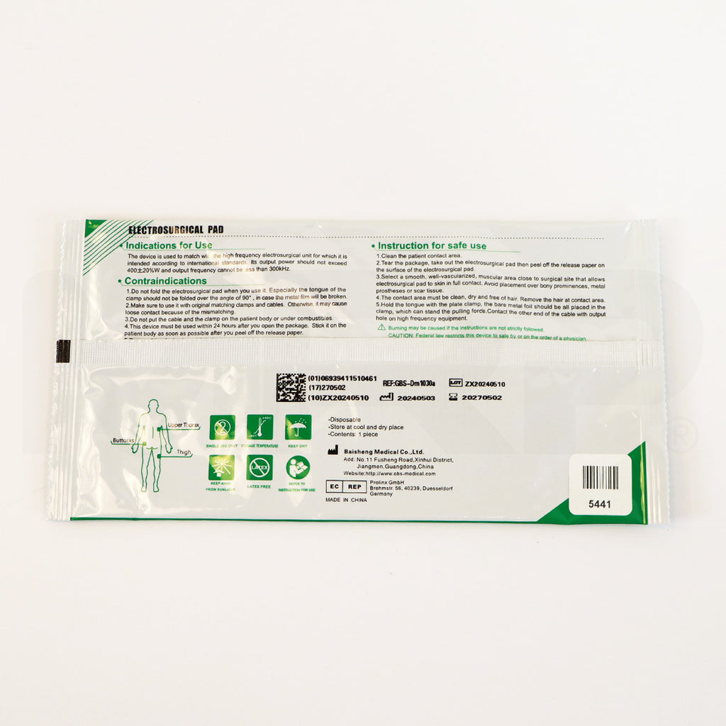 Baisheng Medical Greenpad Dispersive Electrode  Electrosurgical Adult Solid Pads Single EXP 2027