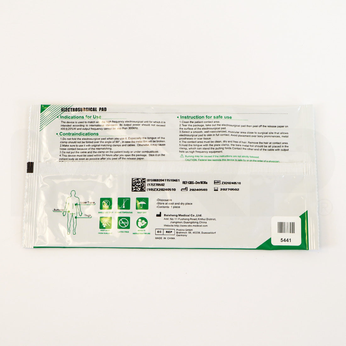 Baisheng Medical Greenpad Dispersive Electrode  Electrosurgical Adult Solid Pads Single EXP 2027