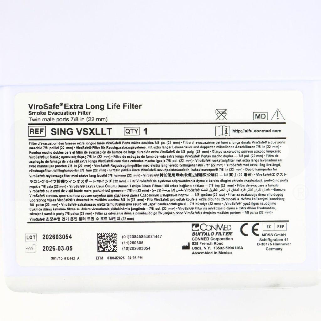 ConMed Buffalo Filter ViroSafe Extra Long Life Twin Port Filter Label