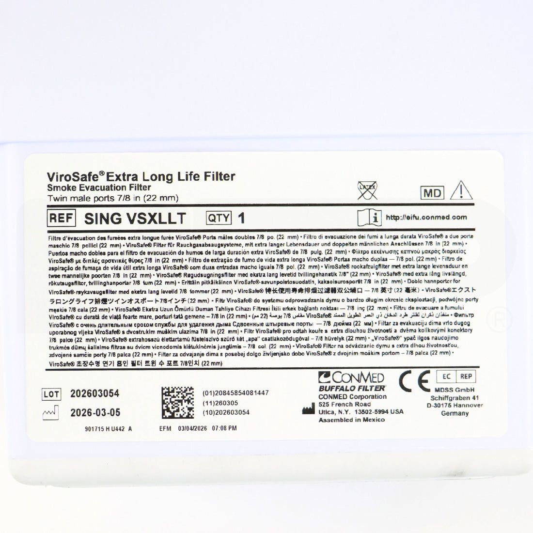 ConMed Buffalo Filter ViroSafe Extra Long Life Twin Port Filter Label