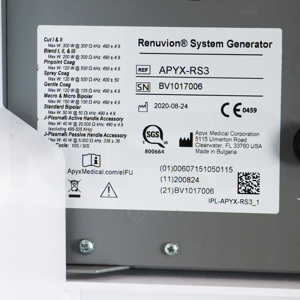 2020 Apyx Medical Renuvion System Generator Serial