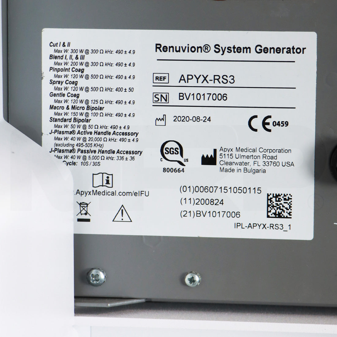 2020 Apyx Medical Renuvion System Generator Serial