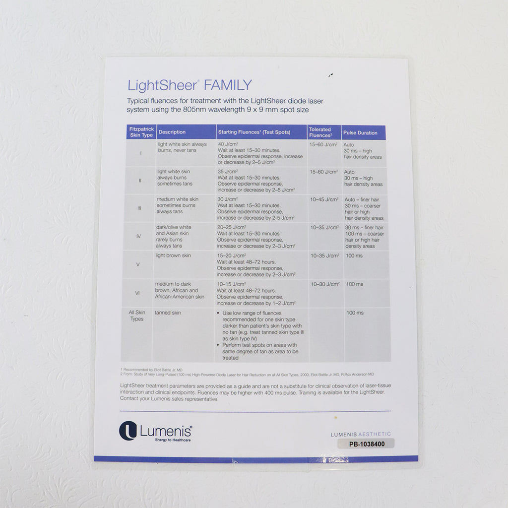 Lumenis LightSheer Family Fluences Guide PB-1038400