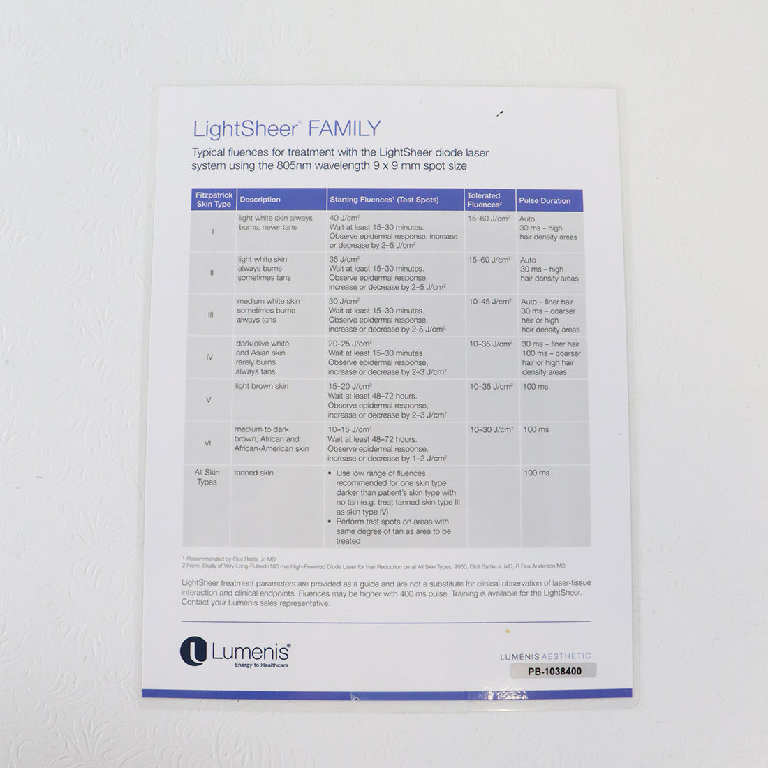Lumenis LightSheer Family Fluences Guide PB-1038400