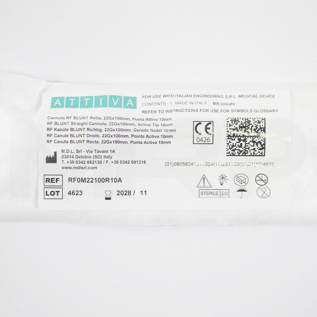 Attiva RF Blunt Straight Cannula 22gx100mm Active Tip 10mm Exp 02/2029