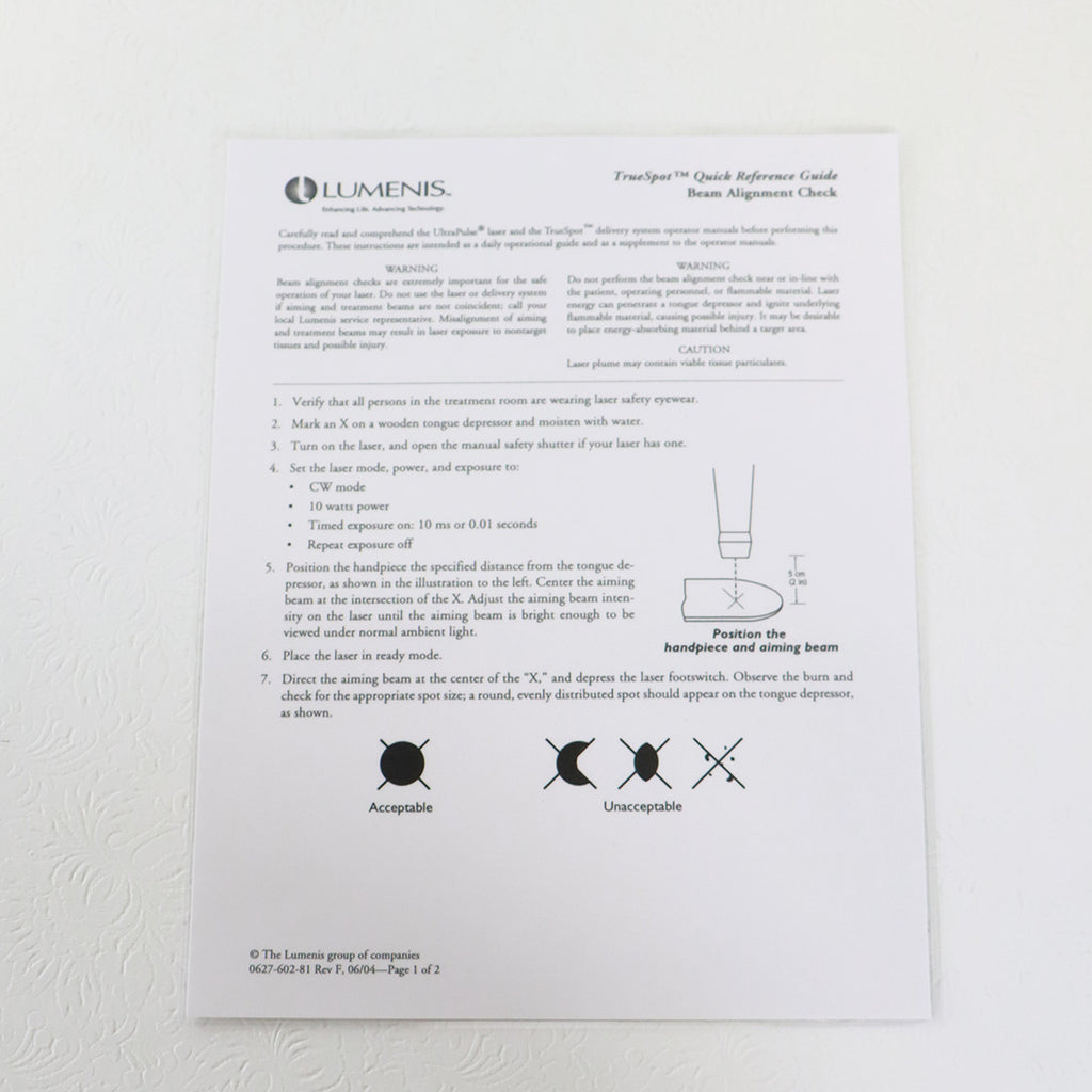 2004 Lumenis UltraScan Encore Laser Beam Alignment Quick Reference Guide Page
