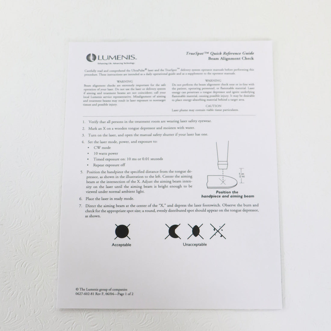 2004 Lumenis UltraScan Encore Laser Beam Alignment Quick Reference Guide Page