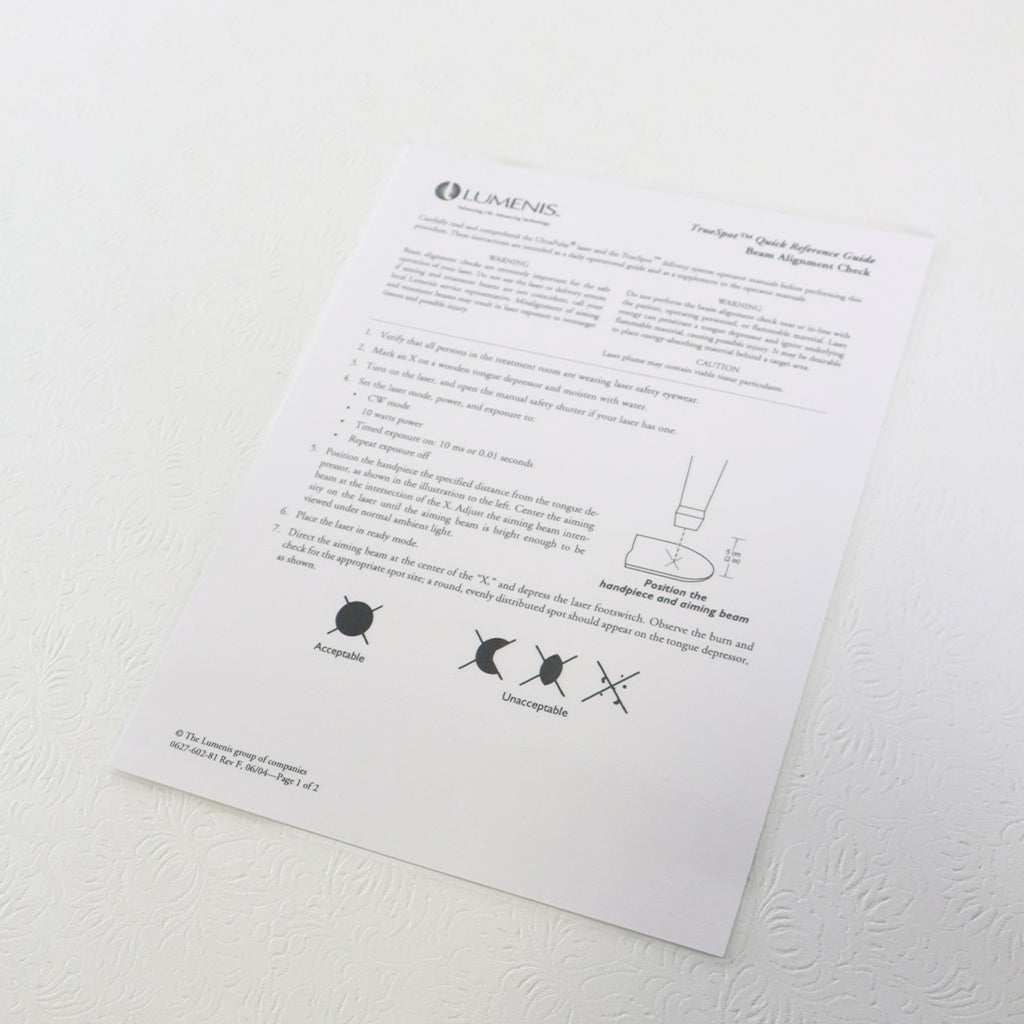 2004 Lumenis UltraScan Encore Laser Beam Alignment Quick Reference Guide Page
