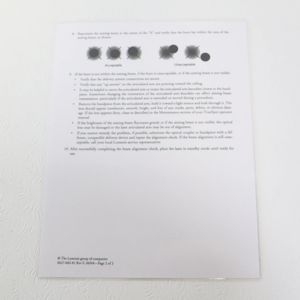 2004 Lumenis UltraScan Encore Laser Beam Alignment Quick Reference Guide Page